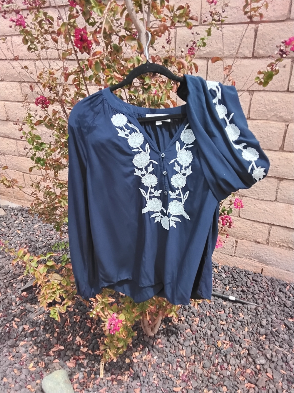 LOFT Navy Blue Embroidered Peasant Blouse